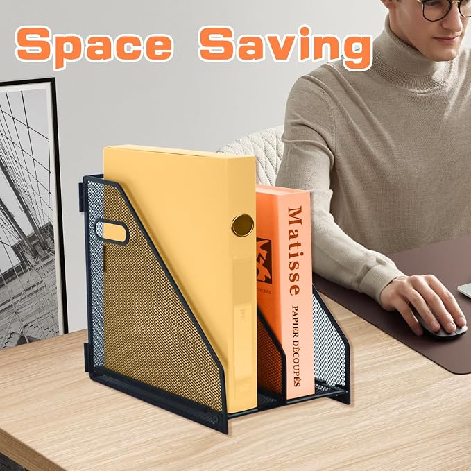 2 compartments metal file racks metal Mesh Desktop Organizer for Desk, Storage Binder Organizer for Office Desktop, Home Workspace and School