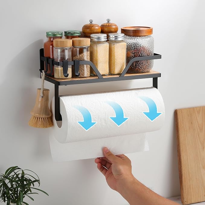 Magnetic Paper Towel Holder with Shelf - 2 Pack Strong Magnetic Spice Rack for Refrigerator Fridge RV(Wall Mount or Magnet)