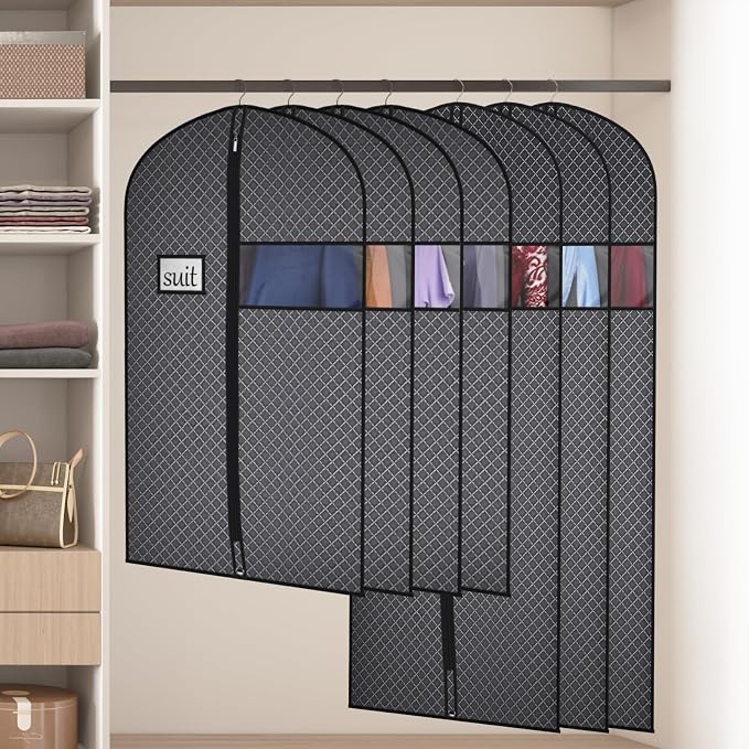 Univivi Suit Bags for Closet Storage and Travel, 40 Inch, 10 Pack, Black | Non-woven fabric, Breathable Suit Cover, Dustproof Hanging Storage Bag, Clear Window and ID Card Holder for Closet Storage