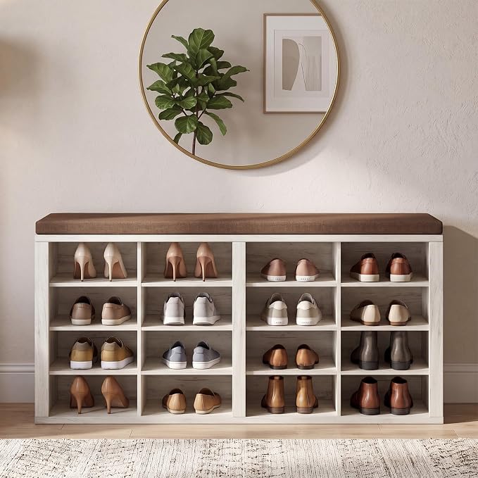 Shoe Rack Bench, Shoe Storage Bench with Cushion, Shoe Organizer 16 Cubbies for Entryway Hallway Bedroom Living Room, Holds Up to 400lbs