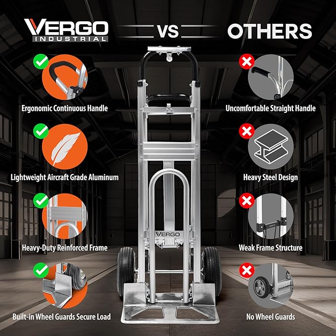 Vergo Industrial Convertible Hand Truck - AS7A2 Heavy Duty Aluminum 3 in 1 Dolly (750 lb Capacity) Lightweight Frame, Ergonomic Handle, Extendable Loop, Versatile Moving Cart (3 Positions, 53" High)