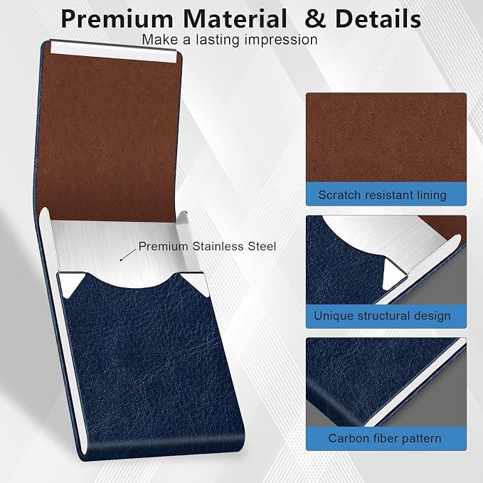 Business Card Holder with Magnetic Closure, Slim Metal PU Business Card Case for Men Women, 3.7 x 2.3 inches RFID Blocking Credit Cards Holder for Pocket or Bag Storage, Dark Blue
