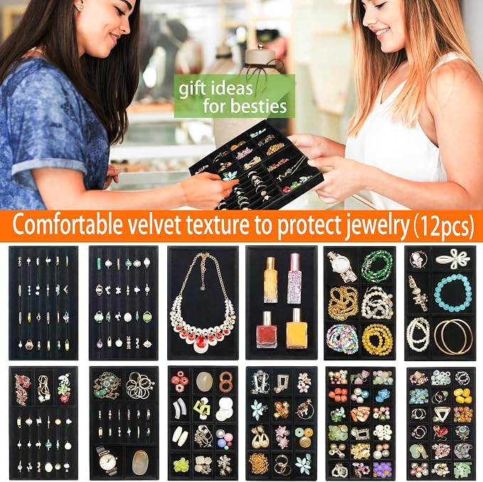 12 Pcs Velvet Jewelry Tray Stackable Jewellery Organier Trays Earrings Necklace Rings Storage Box Jewelry Drawer Display Case for Bracelet Earring Watch Accessories with Removable Dividers, Black