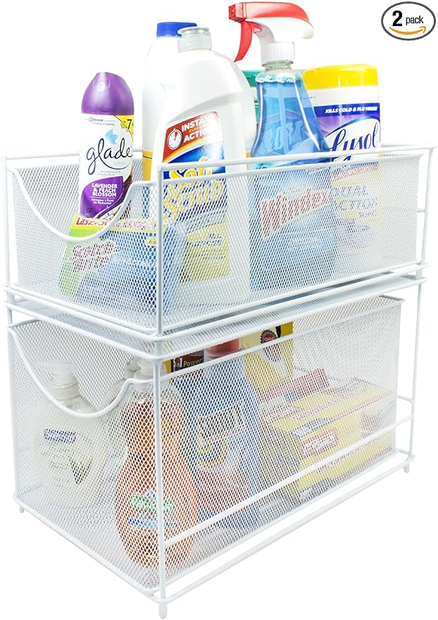 Sorbus® Cabinet Organizer Set—Mesh Storage Organizer with Pull Out Drawers—Ideal for Countertop, Cabinet, Pantry, Under the Sink, Desktop and More (White Two-Piece Set)