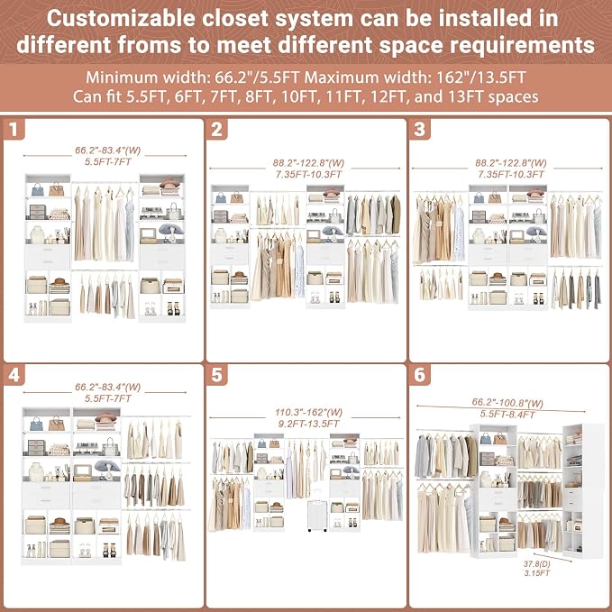 Besiost Closet System, 7.4ft-10ft with 4 Wooden Drawers and 5 Hanging Rods, Can Fit 88 to 123 inch Walk-in Closet System, White