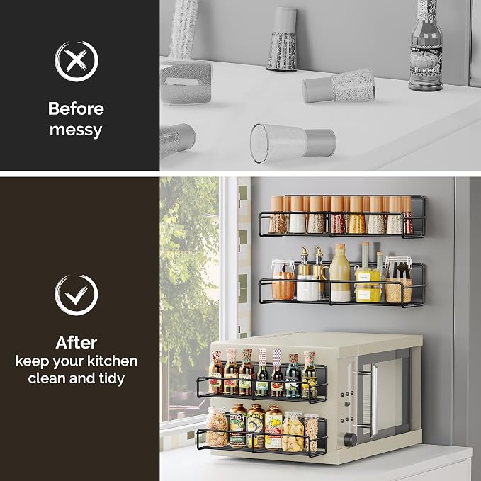 Mystozer 3 Pack Magnetic Spice Rack Organizer,Space Saver for Refrigerator and Whiteboard, Metal Fridge Shelf for Kitchen,Laundry Room,Barbecue Grill,Coffee Maker,Microwave Home Organization(Black)