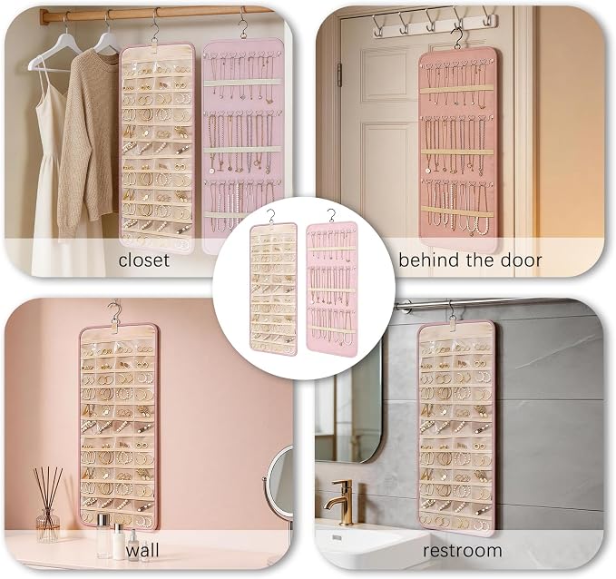 LAKSMI 2 PCS Large Hanging Jewelry Organizer for Closet, Wall or Door, 48 Pockets & 21 Hooks for Earrings, Necklaces and Rings