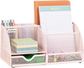 Mind Reader 7-Compartment Desktop Organizer, Metal Mesh Desk Organizer for Pens, Sticky Notes, Mail and Office Supplies, Pink