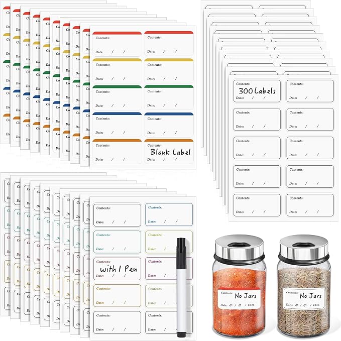Segarty Food Label Stickers, 300 Pcs Blank Expiration Date Stickers to Write On, with 1 Black Pen, Waterproof Removable Freezer Labels for Glass Spice Jars, Canister, Food Container