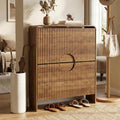 Slim Shoe Storage Cabinet for Entryway, Narrow Shoe Cabinet with 2 Tier Flip Drawers Doors, Fluted Hidden Shoe Rack Organizer for Entrance, Entry Way, Foyer, Hallway, Walnut