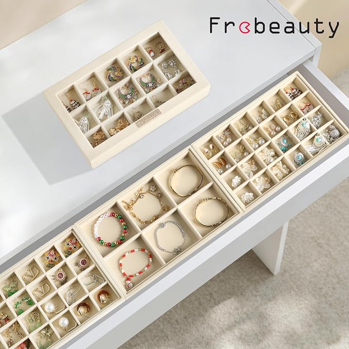 Frebeauty Stackable Jewelry Trays,Set of 4 Jewelry Organizer for Drawer | Glass Lid,Removable Dividers,Stackable Design,Velvet Material,Drawer Inserts,Earring Organizer,Jewelry Box for Rings Bracelet