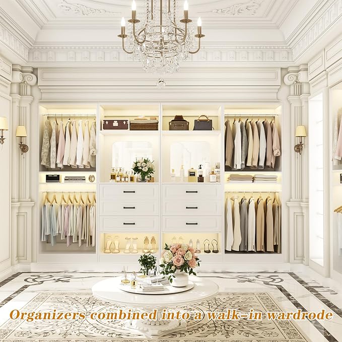 Unikito Closet System with Drawers, 100” Wood Closet Organizer with Hanging Rods and Mirror, Large Walk in Wardrobe Garment Rack with Adjustable Shelves, Sturdy Freestanding Closet Tower, White