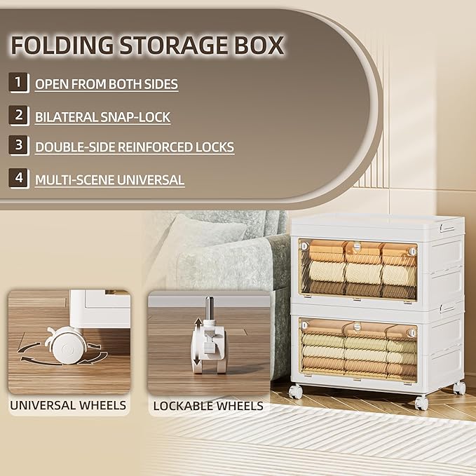 88 QT / 22 Gal Multi-Purpose Foldable Storage Cabinet - Transparent Dual Doors with 3-Stage Locking System, Heavy Duty Wheels, Simple Pull-to-Open Mechanism for Home/Office/Garage Organization