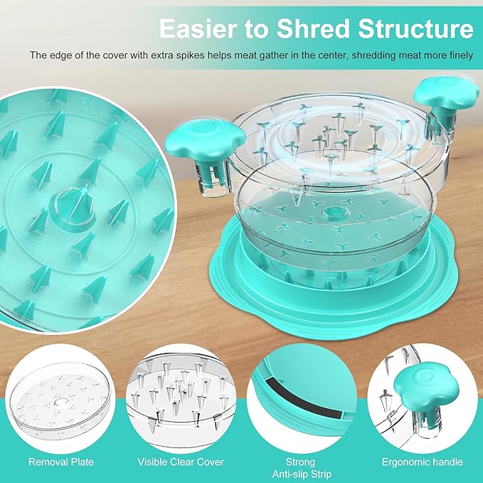 Chicken Shredder with Removable Plate - Manual Meat Shredder Tool with Transparent Lid & Cleaning Brush, Dishwasher Safe Kitchen Gadget for Shredding Chicken, Pork, Beef, Pulled Pork(Mint Green)
