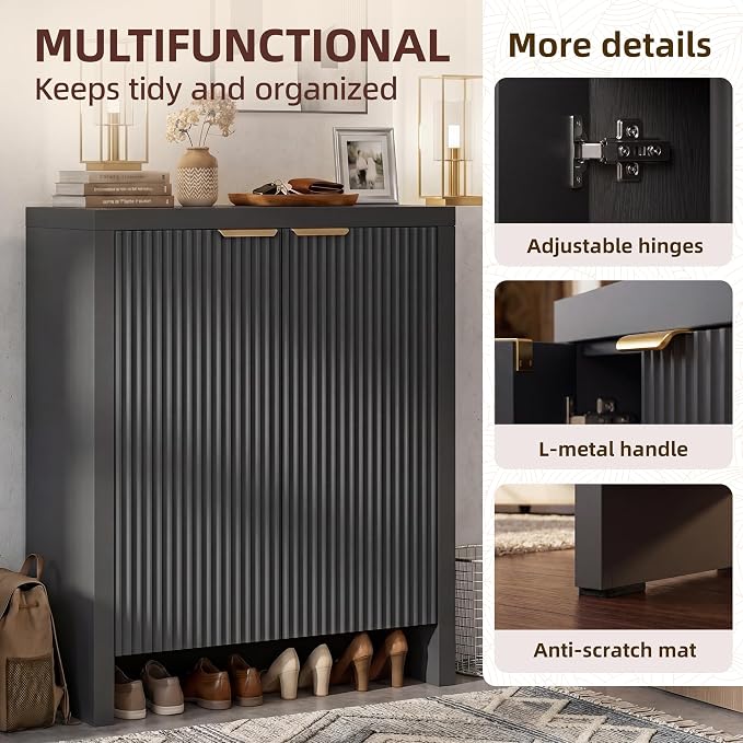 Shoe Cabinet, 5-Tier and 3 doors Shoe Storage Cabinets with Fluted Doors and Adjustable Shelves, Thickened Wood Freestanding for Entryway, Hallway, Closet, Organizer Rack, Natural Oak JBSC002BK