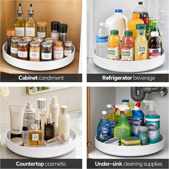 CTIME 11.8 in Lazy Susan Turntable, High Fence, Pantry or Cabinet Organizer for Spices, Condiments, and Bottles, White Plastic