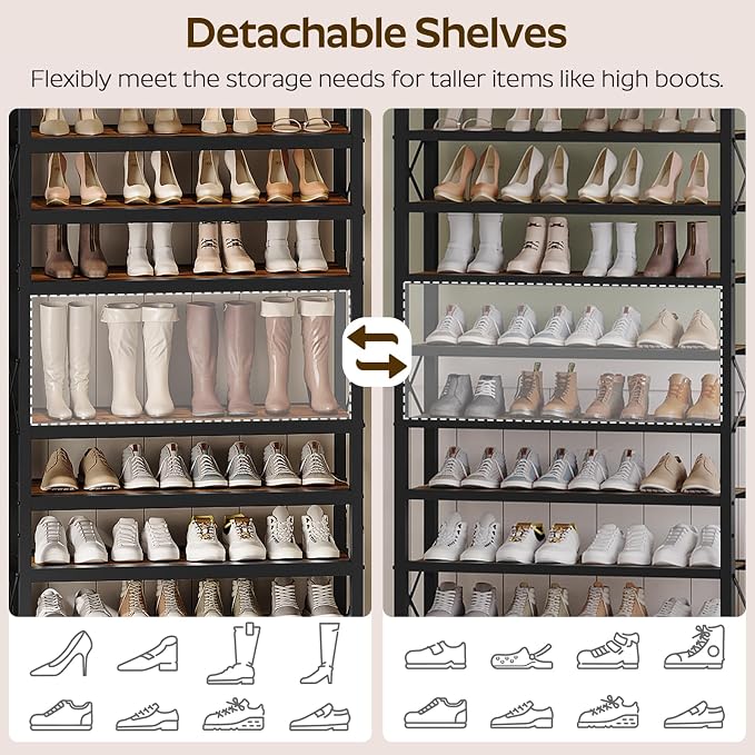 YATINEY 10-Tier Tall Shoe Rack Organizer, Wooden Shoe Storage for Closet Holds 40 Pairs, Sturdy Shoe Shelf with X-Shaped Metal Support, for Entryway, Bedroom, Rustic Brown and Black SS210BR