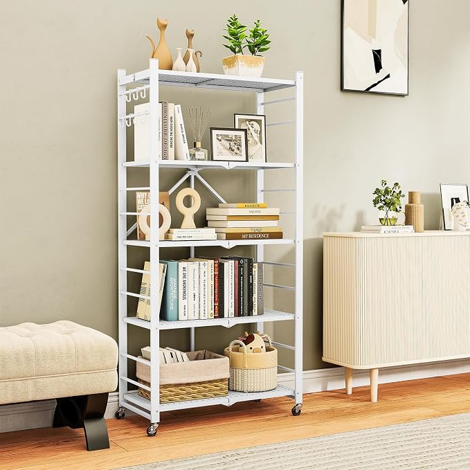 Fenbeli Foldable Shelves with Wheels - 5 Tier Folding Shelf, Collapsible No Assembly Metal Shelving Unit, Origami Storage Shelves & Rolling Storage Rack with 8 Hooks for Kitchen Pantry Garage