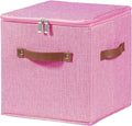 11inch Storage Boxes Cubes with Zipper Lid Collapsible Fabric Lidded Storage Bins Baskets PU Leather Handle Cotton Linen Decorative Shelf Closet Organizer Container (Pink, 1PCS)