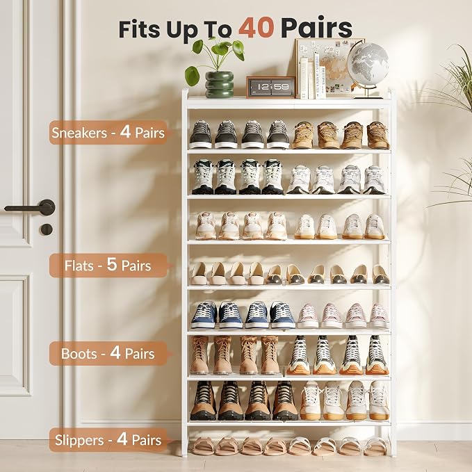8 Tier Shoe Rack Organizer for 32-40 Pairs, Tall Metal Shoe Storage Shelf with Wood Top, Adjustable Boot Space, Narrow Design for Entryway Closet,White