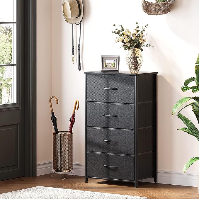 ODK Small Dresser for Bedroom with 4 Storage Drawers, Black | Dresser Chest of Fabric Drawers with Sturdy Steel Frame for Small Space, Wood Top