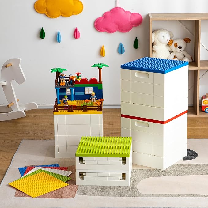 SHIMOYAMA Plastic Foldable Kid Storage Box, 25L Storage Toy Bins with Building Base for Duplo Bricks, 26Qt. Toy Chest for Duplo Blocks, White