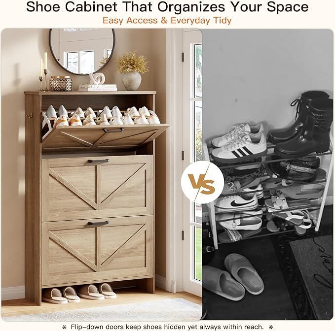 Nicetree 3-Drawer Flip Shoe Storage Tower – Slim-Profile Freestanding Rack with Adjustable 3-Tier Shelving, Rustic Shaker Barn Door Style, and Warm Caramel Finish – Compact Boot & Shoe Organizer