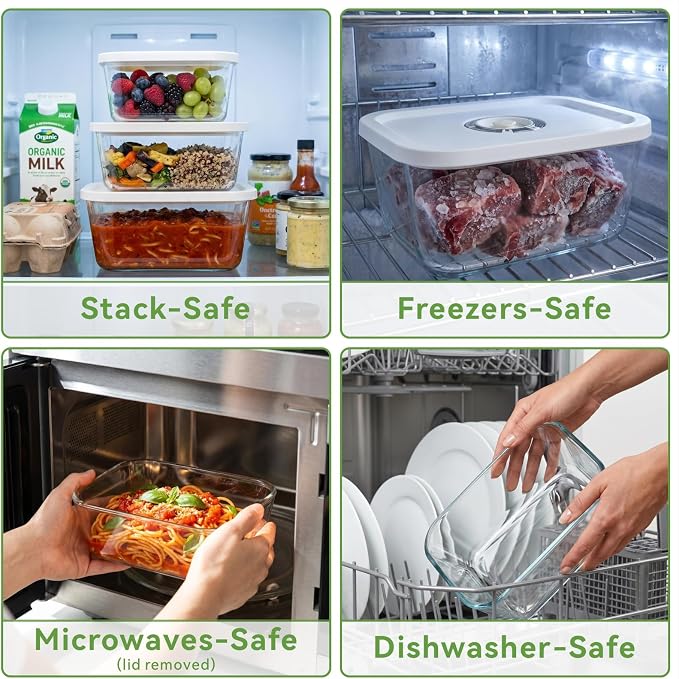 Glass Vacuum Seal Containers for Food Storage, 3 Sizes (16, 27, 47 fl oz), Airtight & Leak-Proof, BPA-Free, Keeps Food Fresh Longer, Ideal for Meal Prep, Compatible With Handheld Compact Vacuum Sealer