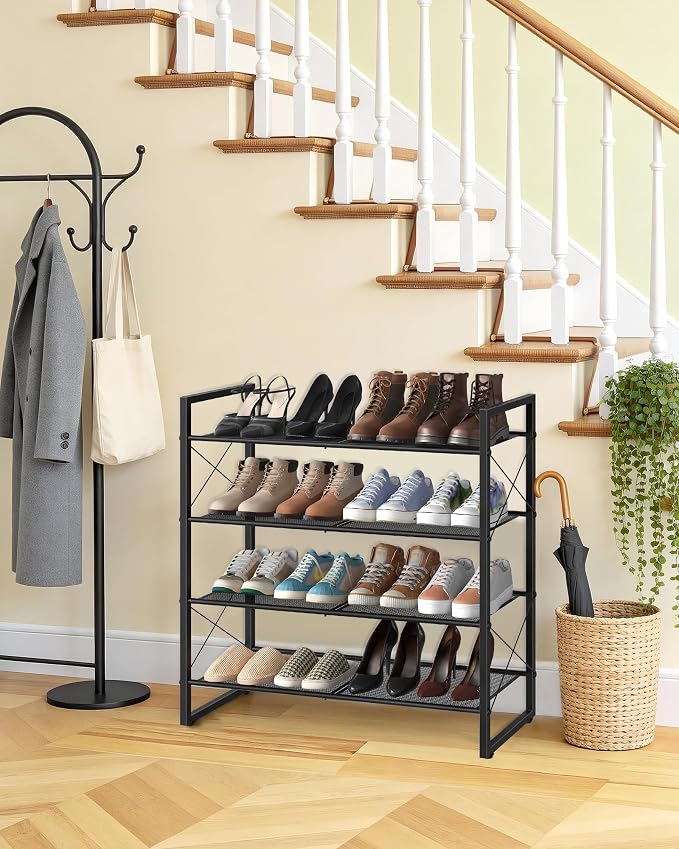 CHOEZON Shoe Rack, 4-Tier Shoe Rack for Closet, Metal Shoe Storage Organizer, Shoe Rack for Entryway, Shoe Shelf with Adjustable Feets, for Entryway, Hallway, Living Room, Bedroom, Black TXJ14BB