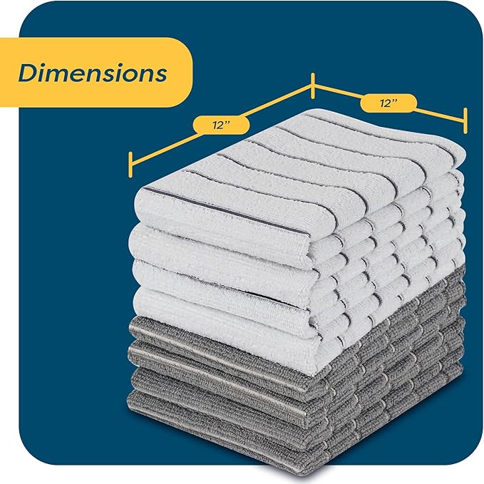 SCRUBIT Microfiber Kitchen Towels - 12" x 12" Microfiber Cleaning Cloth - Soft, Absorbent & Durable Dish Towels for Washing Dishes – Grey and White Microfiber Towel & Cleaning Rags (Grey & White, 8)