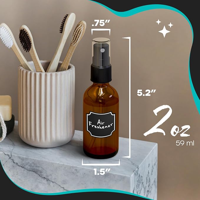 Nevlers Amber Glass Spray Bottles 2 Oz - Small Glass Spray Bottle 24 Pack | Small Spray Bottle Glass Set w/ Shrink Wrap, Funnel, Brush, Labels & Marker | Portable Amber Spray Bottles for Face & Hair