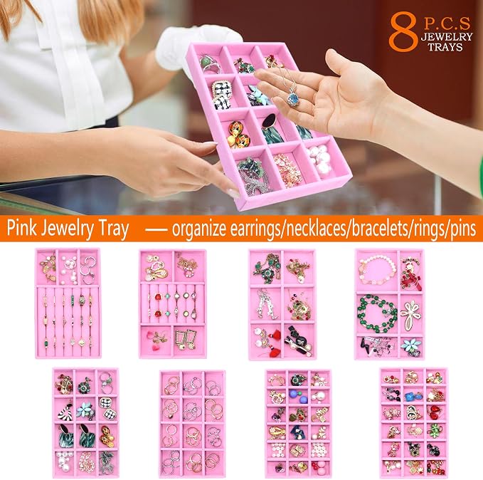 8 Pack Jewelry Organizer Tray Stackable Velvet Jewellry Drawer Inserts Earring Organizer Necklace Rings Bracelet Watch Jewelryy Display Case