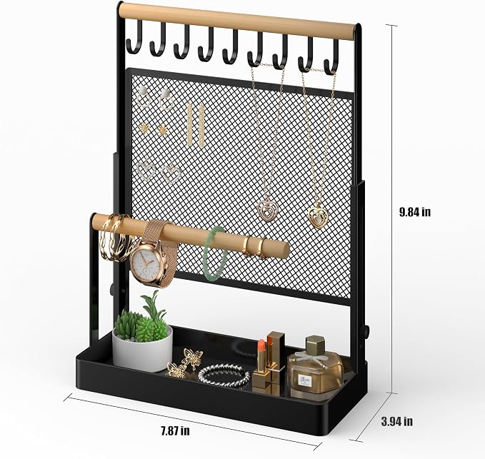 Jewelry Organizer Stand, Liftable Necklace Holder with Earring Organizer Net, 9 Hooks Necklaces Storage Wooden Handing Bar for Bracelets Watches Rings (Black)