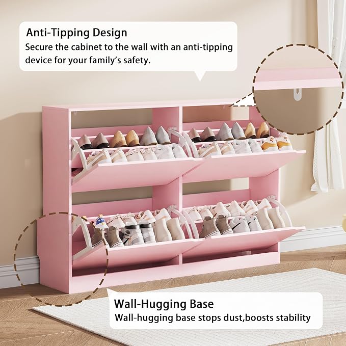 Shoe Storage Cabinet, Wood Shoe Organizer for Entryway with 3 Flip Drawers, Freestanding Shoe Rack with Adjustable Shelf, Narrow Shoe Dresser for Front Door Entrance (Pink, Standard 4 Drawers)