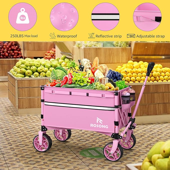 ROSONG Collapsible Wagon Cart with Wheels Foldable - Folding Utility Heavy Duty Wagons Carts for Grocery Sports Garden Shopping Camping Wheelbarrows (Pink, 120L)