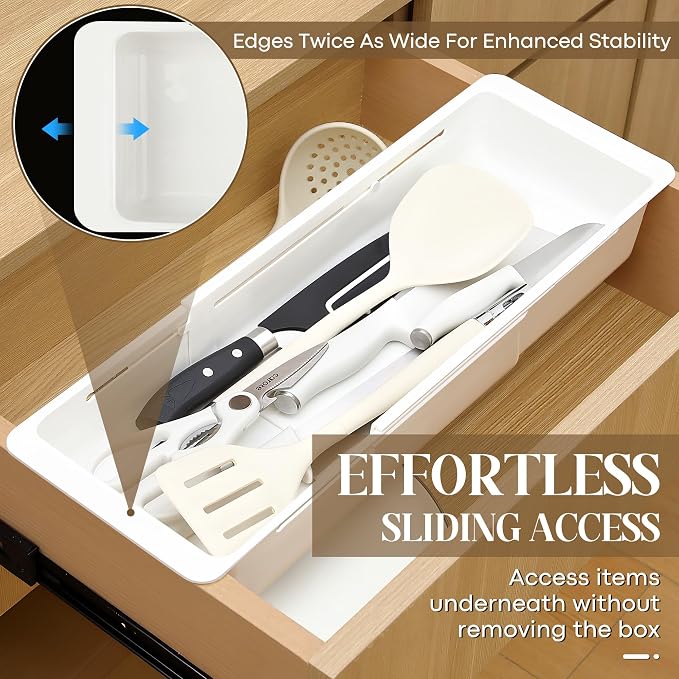 2 Pack Deep Drawer Organizer Adjustable Storage Bin(17.4-27.6") | Adjustable Width Design, Maximize Drawer Storage, Kitchen & Home Organization Solution