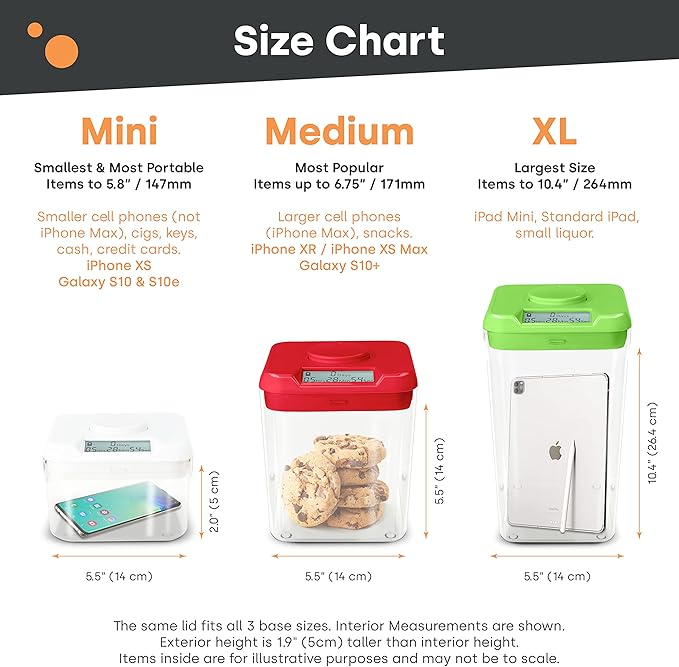kSafe Time Locking Container Medium – Phone Lock Box, Snack Safe, Self-Control Timer Box, BPA-Free Plastic, No Overrides, 5.5” W x 5.5” H, White Lid, Clear Base