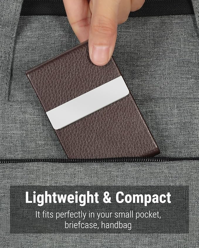 MaxGear Business Card Holder, PU Leather Business Card Case, Coffee | Stainless Steel Interior, Magnetic Closure, RFID Blocking, Holds 15–25 Standard Business Cards