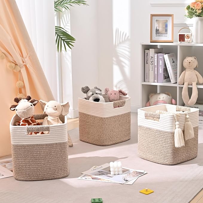 12 Inch Storage Cubes, 3 Pack Cube Storage Bins for Organizing, Cotton Rope Woven Baskets for Shelves, Bathroom, Kids Room, Closets, Baby Nursery