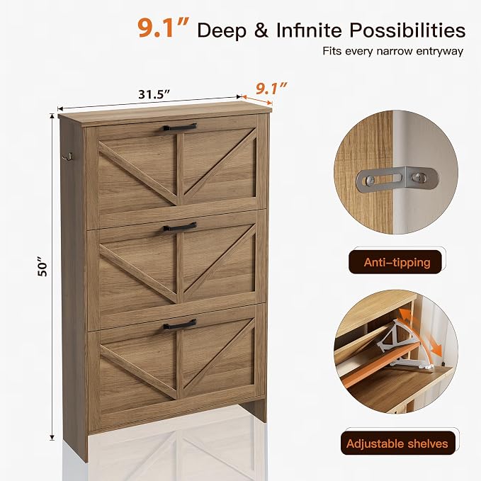 Nicetree Shoe Cabinet for Entryway, 3 Flip Drawers Shoe Storage Cabinet with 3-Tier Adjustable Shelves, Ultra Slim Freestanding Hidden Shoe Organizer with Barn Door Design, Caramel Brown
