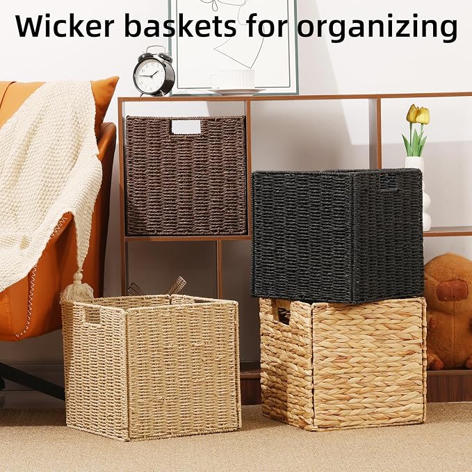 Set of 2 Hand-Woven Paper Rope Wicker Baskets, Storage Basket, Foldable Cube Storage Bins, Black Storage Cubes, Square Baskets for Organizing Shelves Decor, 12x12x12in