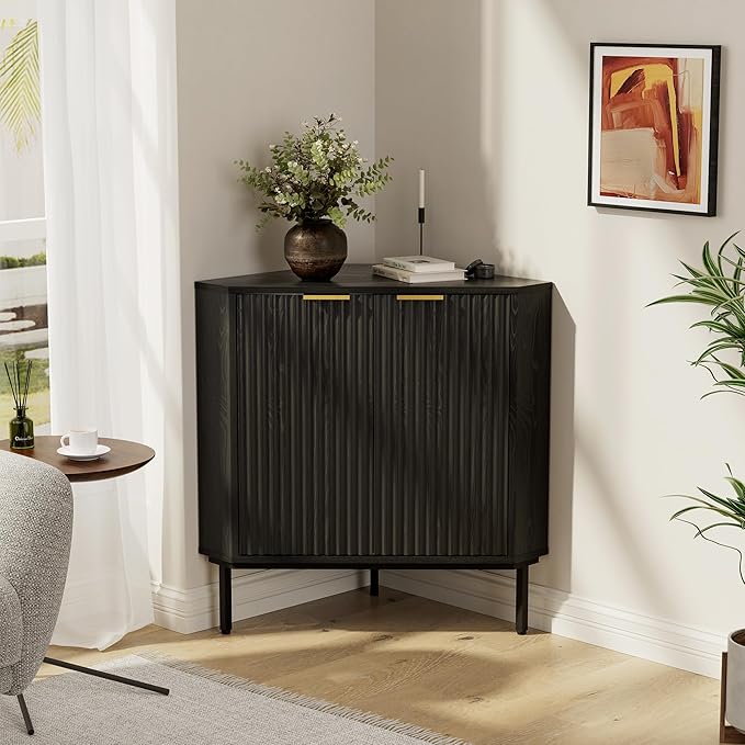 Modern Fluted Corner Cabinet, Small Floor Storage Cabinet with Adjustable Shelf & Metal Legs, Wooden Freestanding Narrow Organizer for Living Room Kitchen, Black