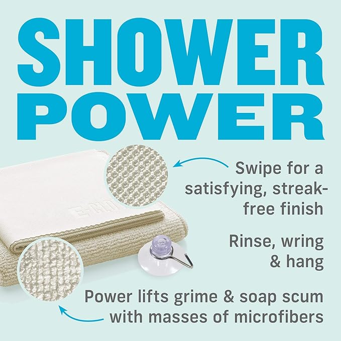 E-Cloth Microfiber Cloth Shower Cleaning Kit - Reusable Microfiber Cleaning Cloths, Glass Cleaner for Showers and Bathrooms, Set with Shower Rag, Glass Polishing Cloth, Hook - 1 Pack