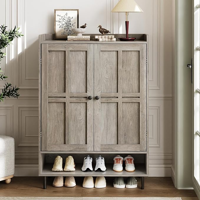 ComfyCorner Grey 7+1 Tier Farmhouse Shoe Storage Cabinet - 45" Tall Entryway Organizer with Cross Molding Doors, 3 Adjustable Shelves & Metal Legs, Shoe Rack for Front Door Entrance