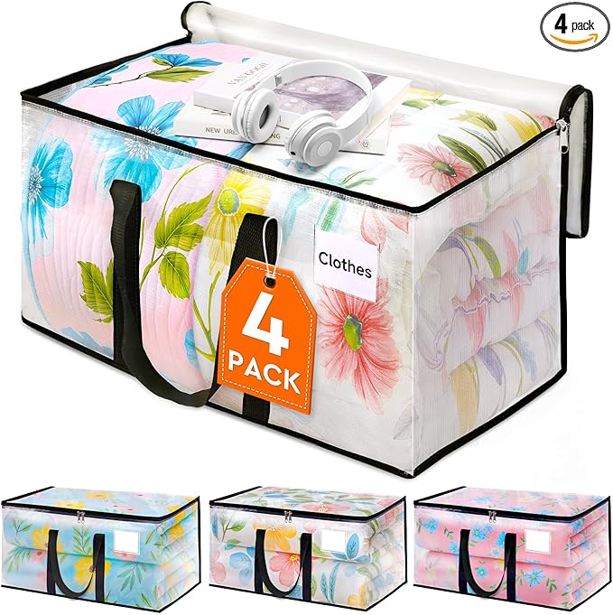 HomeHacks Clear Moving Bags Heavy Duty 4 Pack, Storage Bags with Zipper, Extra Thick Handles & Waterproof Packing Boxes for Moving, Camping, Home Organization 76L/20Gal (28.7"x11.8"x13.8")