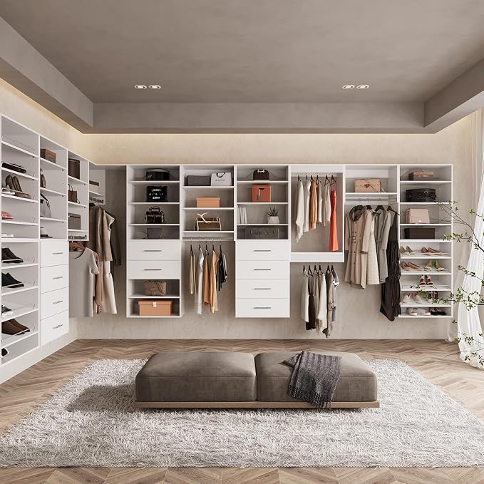 ROOMTEC Modular Closet System, 78" Wall Mounted Modern Closet Organizer with Hanging Rods and Shoe Shelf, Wooden Tower for Walk-In Closets, Wardrobe Storage Kit, White