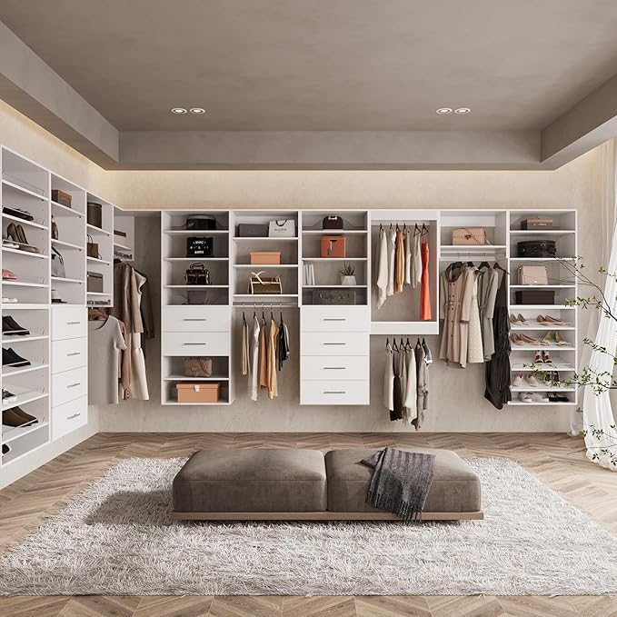 ROOMTEC Modular Closet System, 72" Closet Organizer with Hanging Rods, Wall-Mounted Wooden Tower for Walk-In Closets, Wardrobe Storage Kit, White