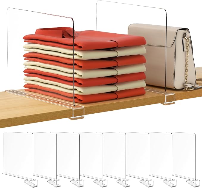 HBlife 12 Inches Tall [Extra Tall Version] Clear Shelf Dividers, 8 Pack Purse Organizer for Closet Perfect for Sweater, Shirts, Handbags, Acrylic Adjustable Bookshelf for Organization