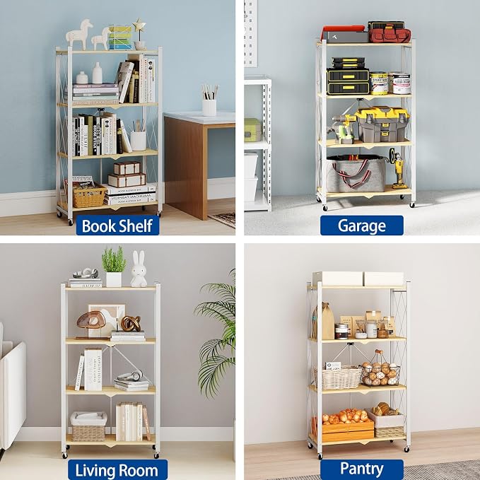 black leopard 4 Tier Folding Storage Shelves with Wheels, Foldable Bookshelf No Assembly Collapsible Shelf Heavy Duty Rolling Shelving Unit for Kitchen Bedroom Living Room (White, 27.9"x 13.3"x 49")