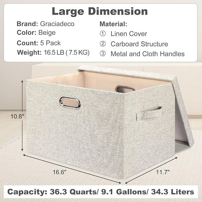 Graciadeco Large 17" 36 Quart Collapsible Stackable Storage Bins with Lids, 5 Packs Beige Linen Fabric Closet Boxes with Lids, Storage Cube Baskets Container Organizers for Bedroom Office(17 x12 x11)